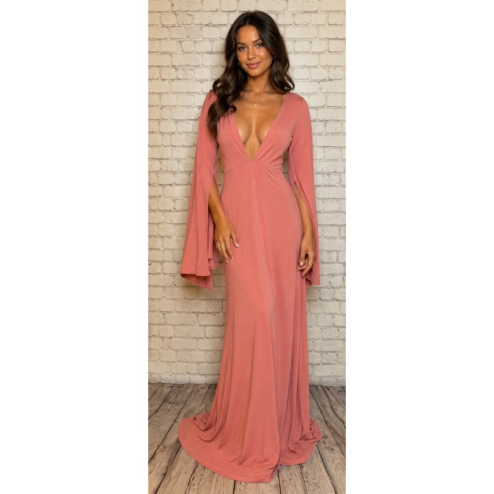 Goodtime USA Womens Deep V Neck Split Bell Sleeve Maxi Dress Pink Large NWT